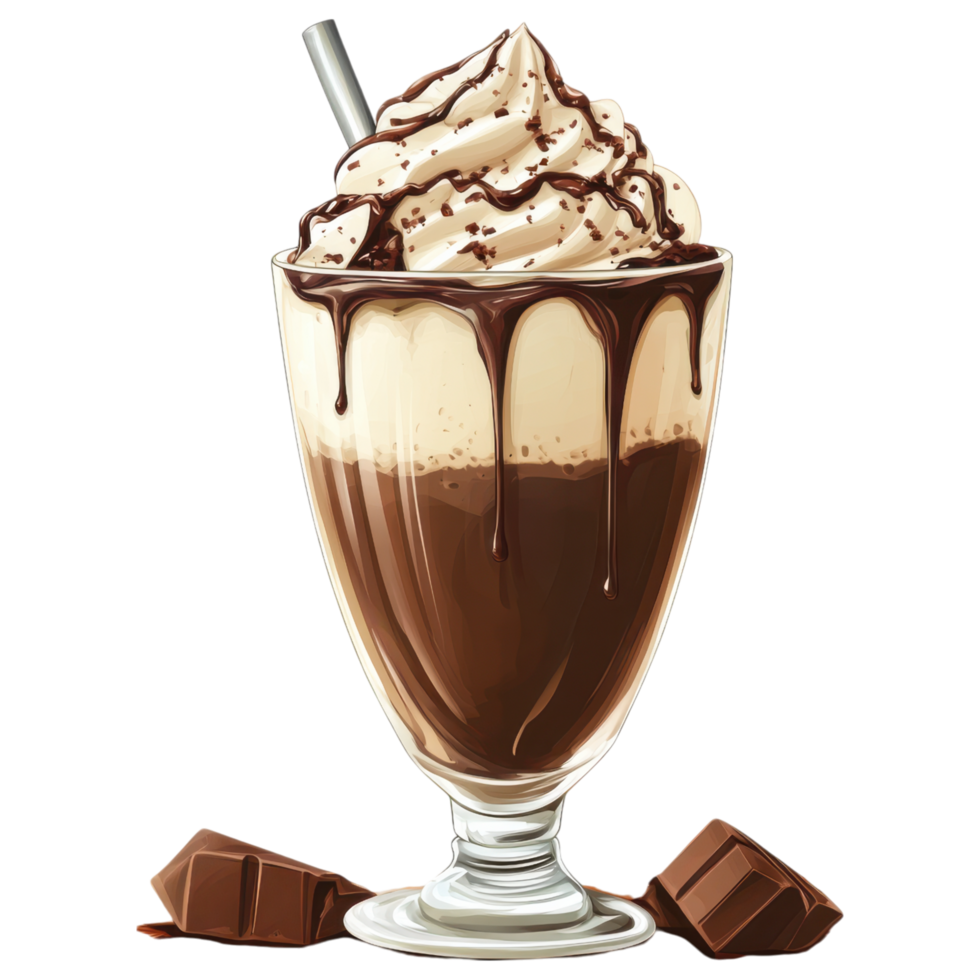 Iced chocolate with whipped cream and chocolate syrup, deliciously tempting clip art on a transparency background png