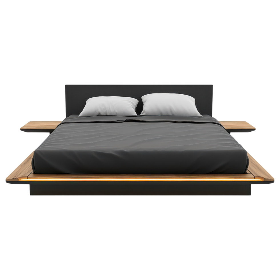 Low profile platform bed with LED lighting and two pillows clip art on a transparency background png
