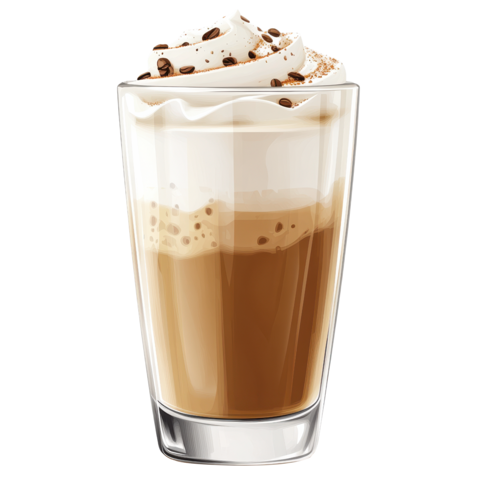 Delicious latte in tall glass topped with whipped cream and coffee beans clip art on a transparency background png