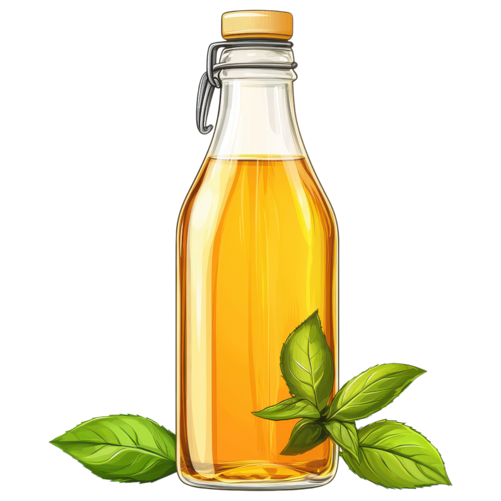 Kombucha in glass bottle with green tea leaves, refreshing and vibrant clip art on a transparency background png