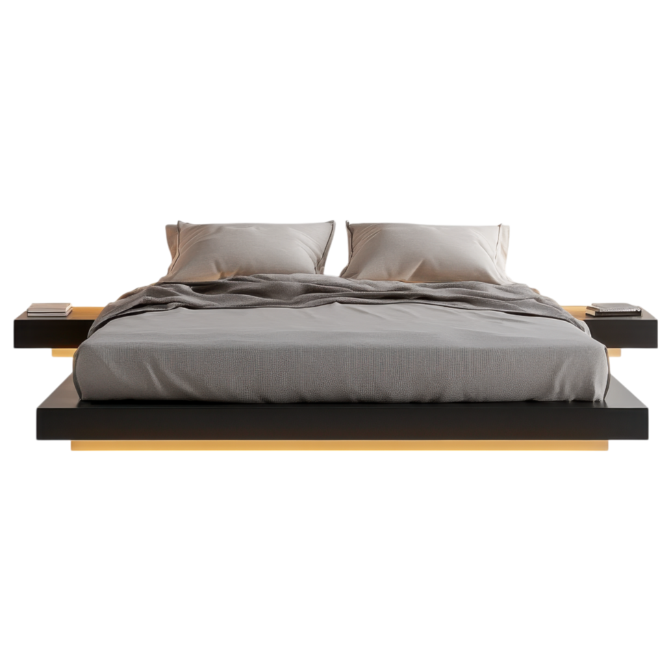 Low profile platform bed with LED lighting and gray bedding clip art on a transparency background png