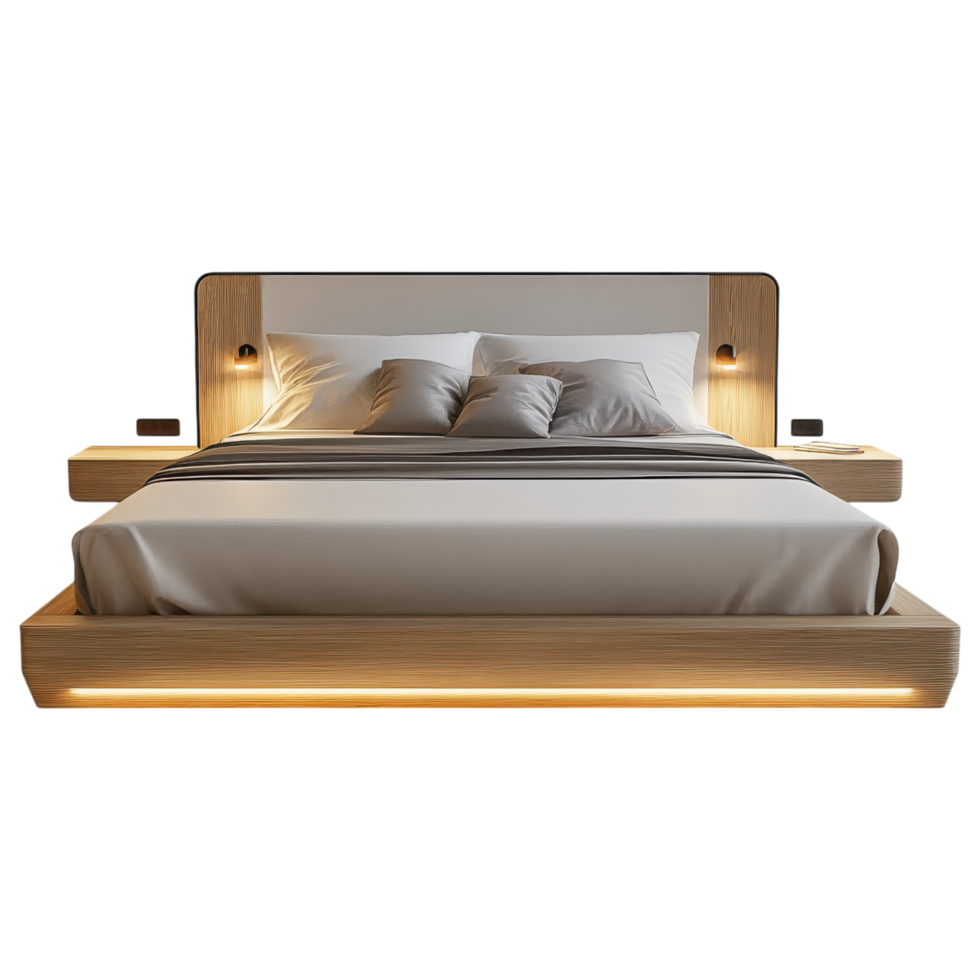Low profile platform bed with LED lighting, modern design, and cozy pillows clip art on a transparency background png