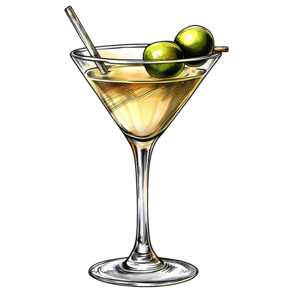 classic martini with olives on stick, served in stylish glass clip art on a transparency background png