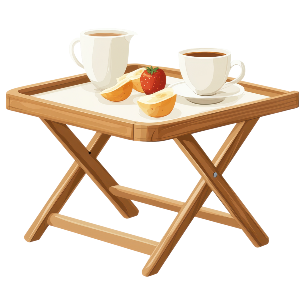 foldable tray table with two cups, fruit, and pitcher, perfect for breakfast. clip art on a transparency background png
