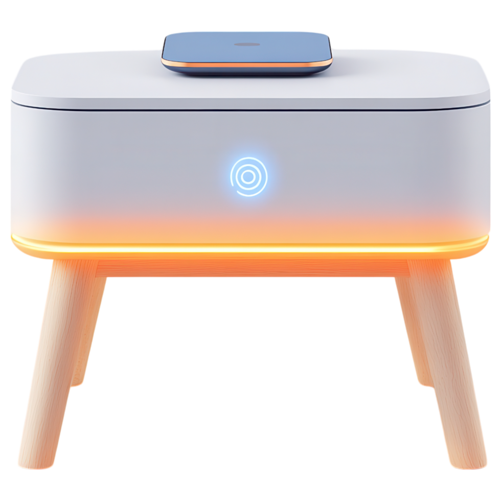 Modern LED lit nightstand with wireless charger and wooden legs clip art on a transparency background png