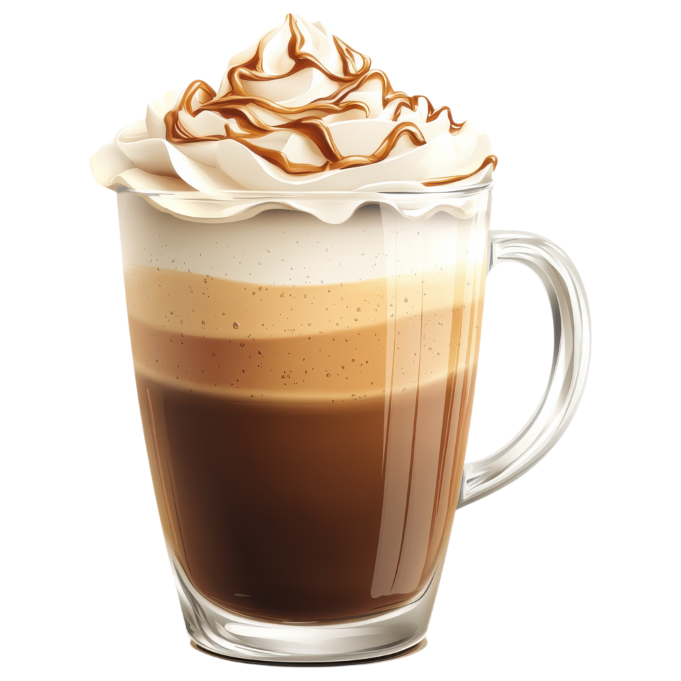 Delicious macchiato with caramel topping in clear glass cup clip art on a transparency background png
