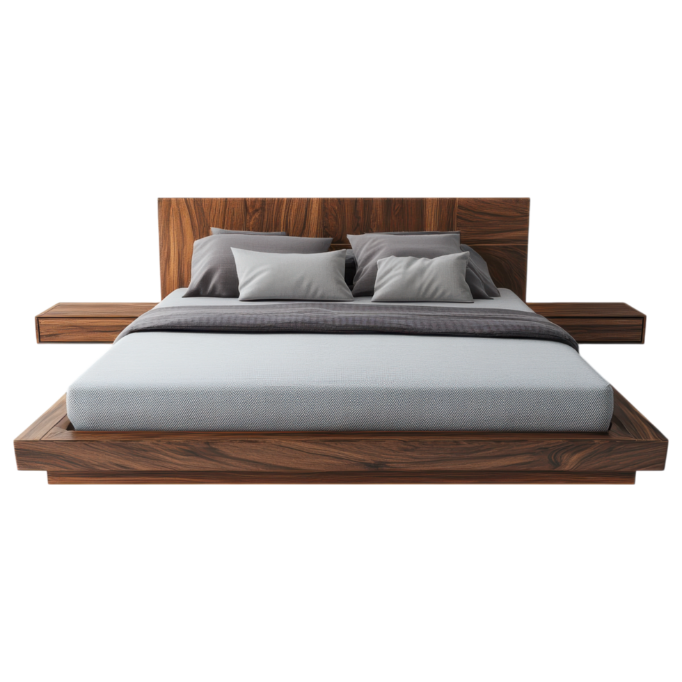 Low profile platform bed with wooden frame and soft bedding clip art on a transparency background png