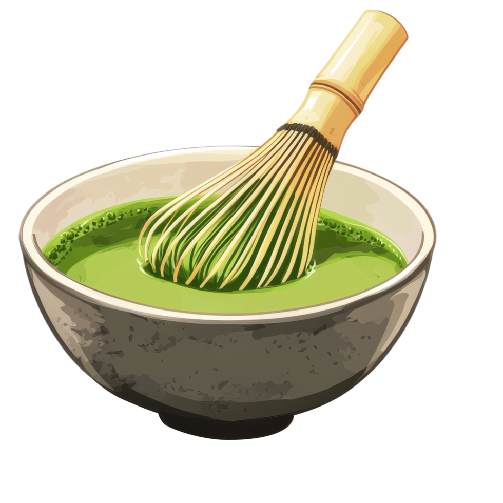 Matcha in traditional whisk bowl, vibrant green color, and serene atmosphere clip art on a transparency background png