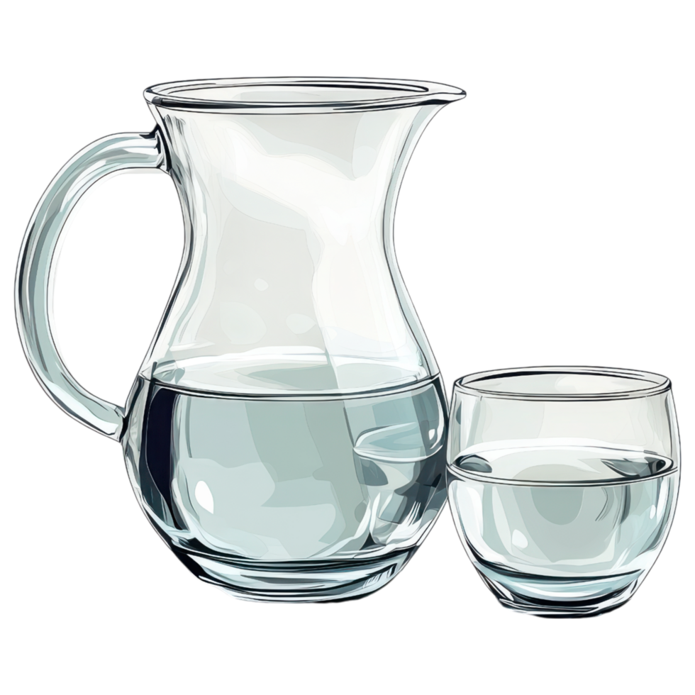 Elegant glass water carafe and cup on bedside table, perfect for hydration on a transparency background. png