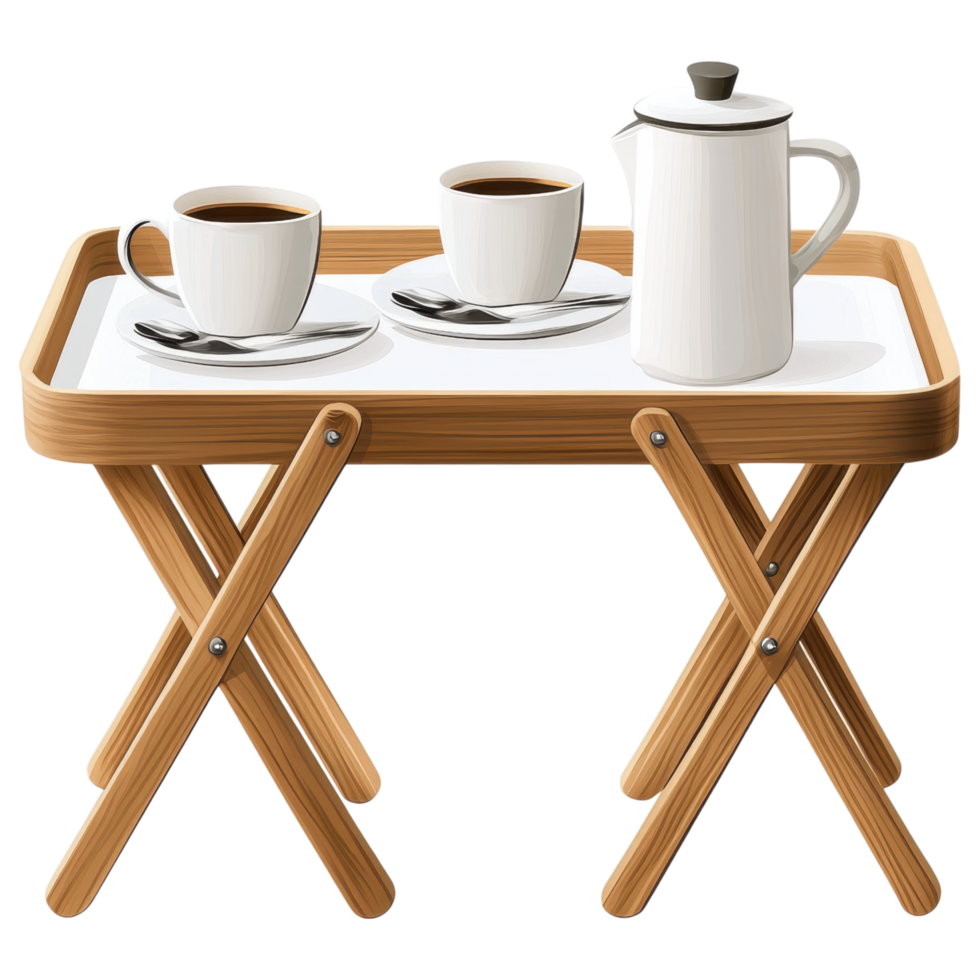 Foldable tray table with coffee cups and pot, perfect for breakfast in bed. clip art on a transparency background png