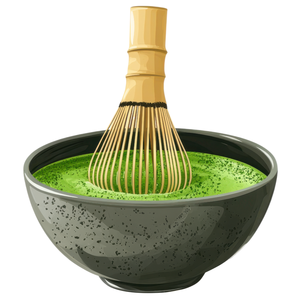 traditional whisk in bowl of matcha green tea, showcasing vibrant color and texture. clip art on a transparency background png