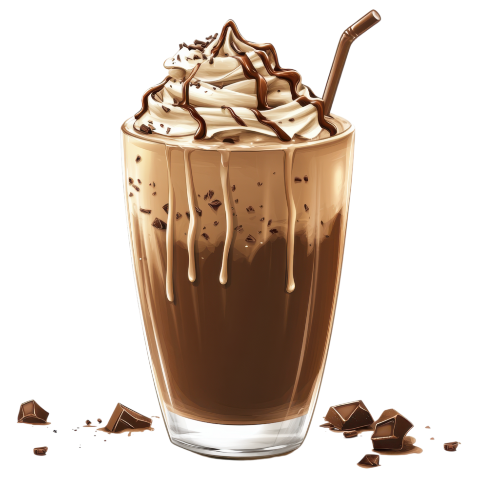 Iced chocolate drink topped with whipped cream and chocolate syrup. png