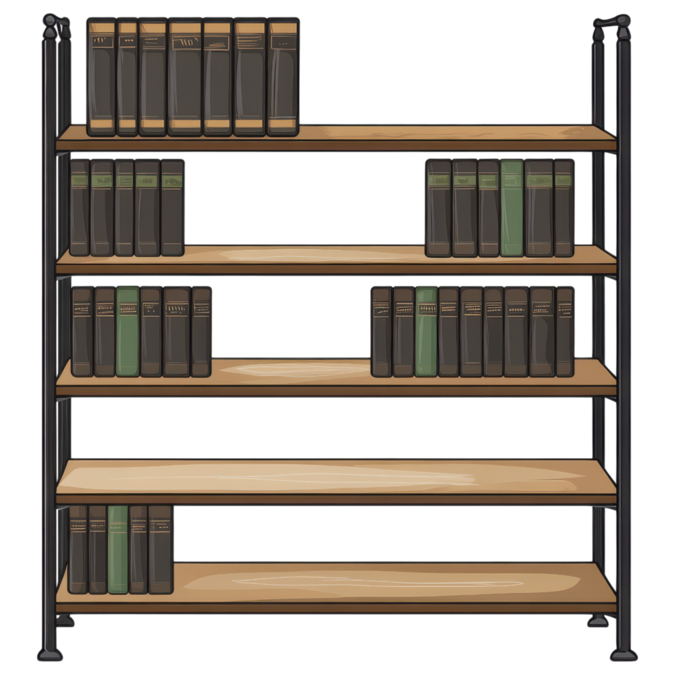 metal framed bookshelf with open shelves displaying books in various colors. clip art on a transparency background png