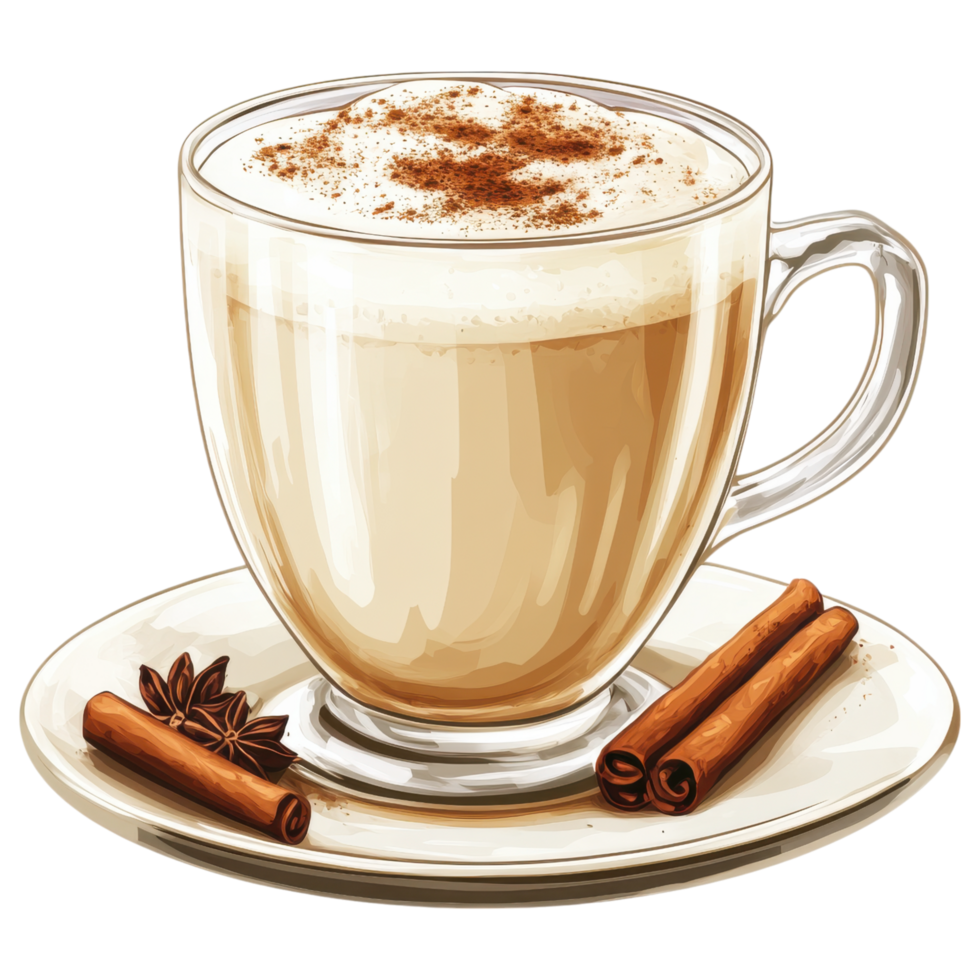 Delicious chai latte with cinnamon sticks on white plate clip art on a transparency background png