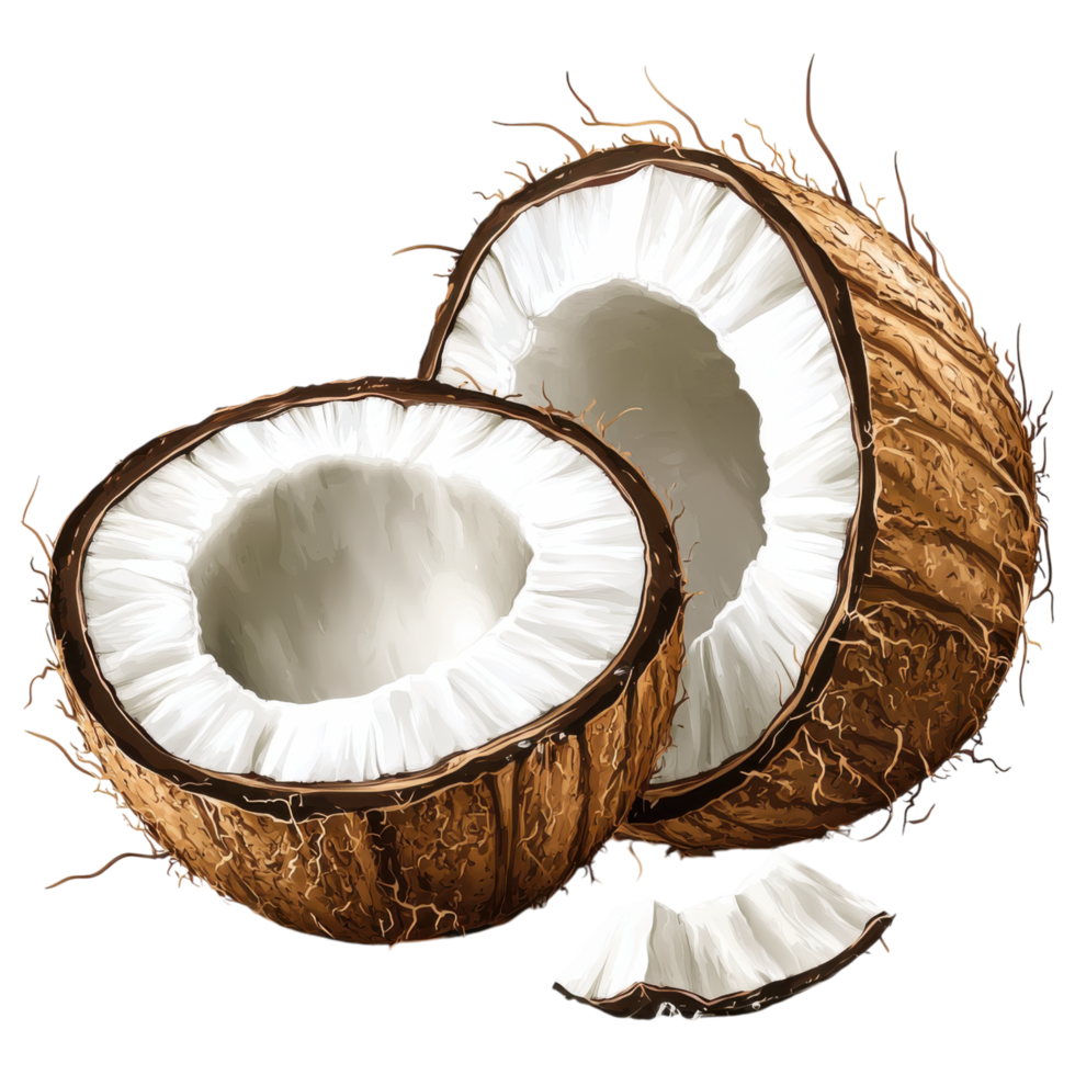 Fresh coconut halves with white flesh and brown shell clip art on a transparency background png