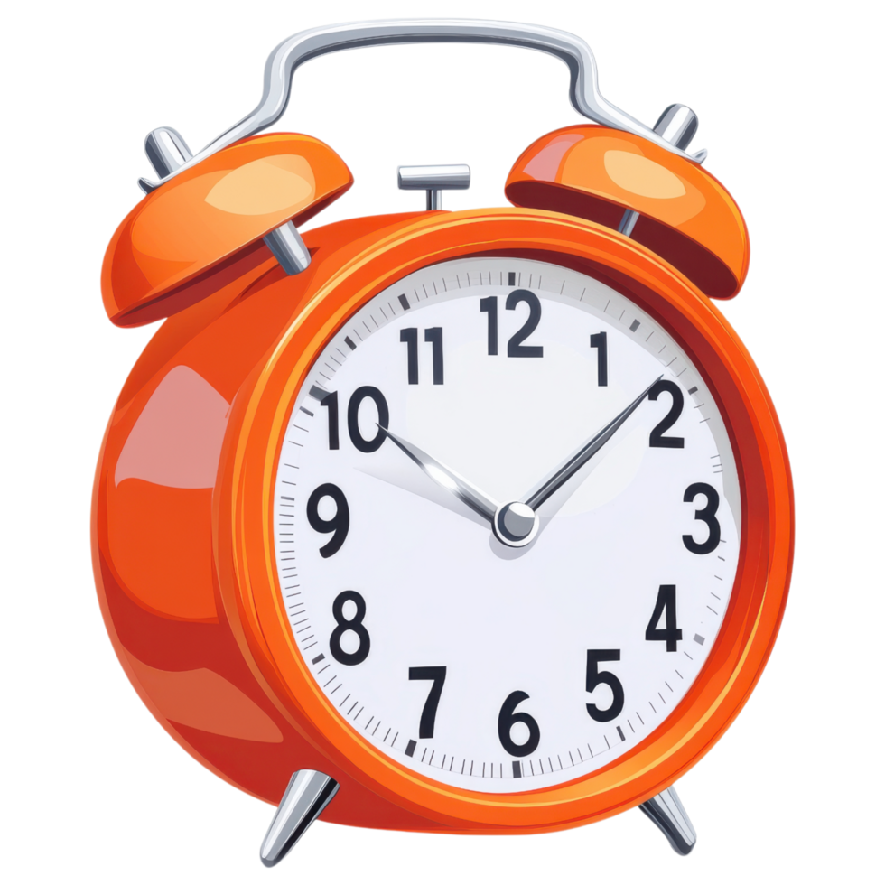 Digital alarm clock in orange color with white face and black numbers clip art on a transparency background png
