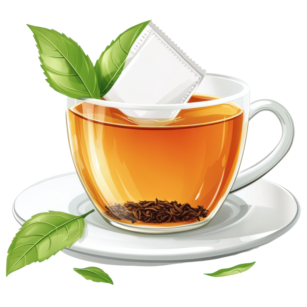 warm cup of black tea with tea bag, surrounded by fresh leaves. clip art on a transparency background png