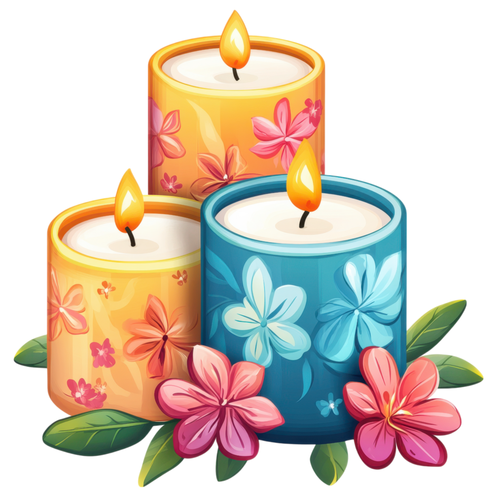 Colorful decorative candles with floral designs and vibrant colors clip art on a transparency background png