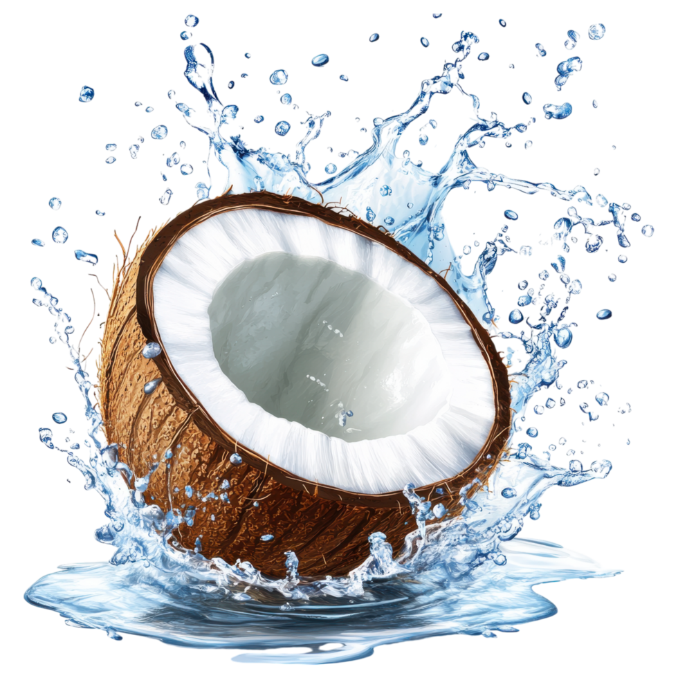 Coconut shell splashing in water, refreshing and tropical vibe clip art on a transparency background png