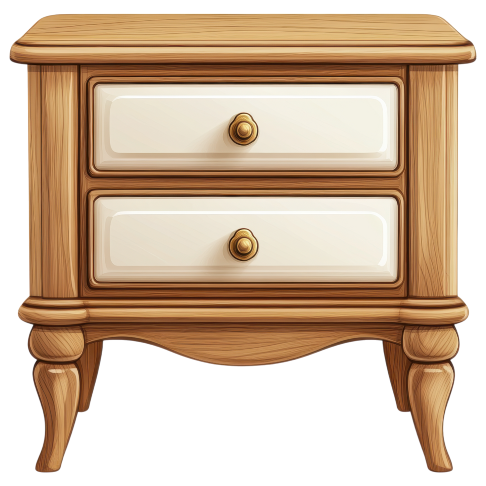 Elegant wooden nightstand with two drawers and golden knobs clip art on a transparency background png