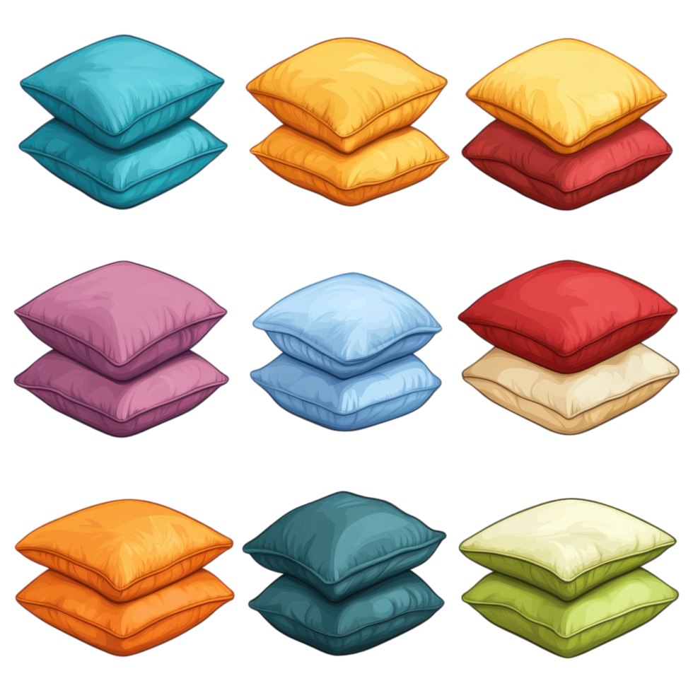 Cozy floor cushions in various colors stacked on transparency background. clip art on a transparency background png