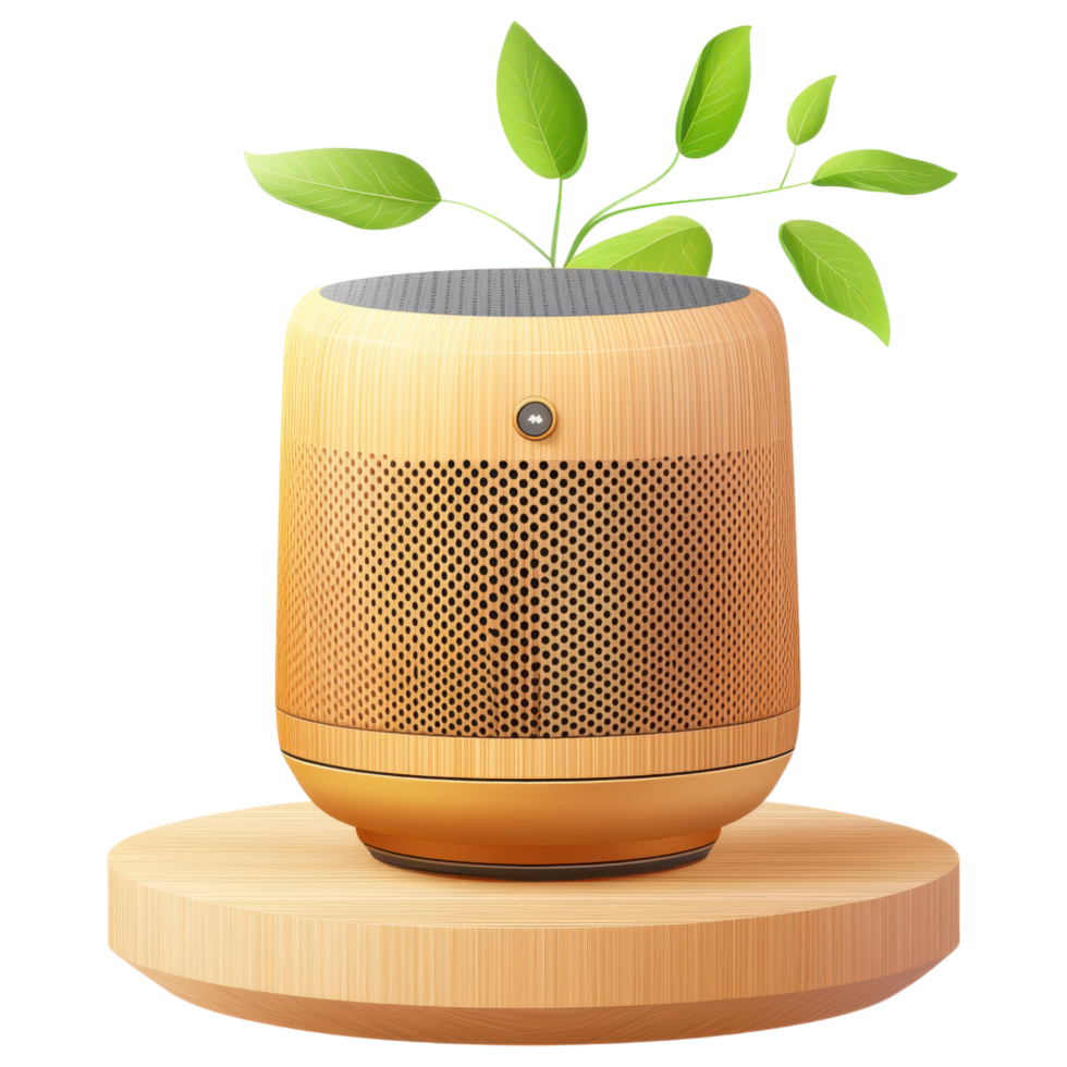 Eco friendly Bluetooth speaker with plant design on wooden base clip art on a transparency background png