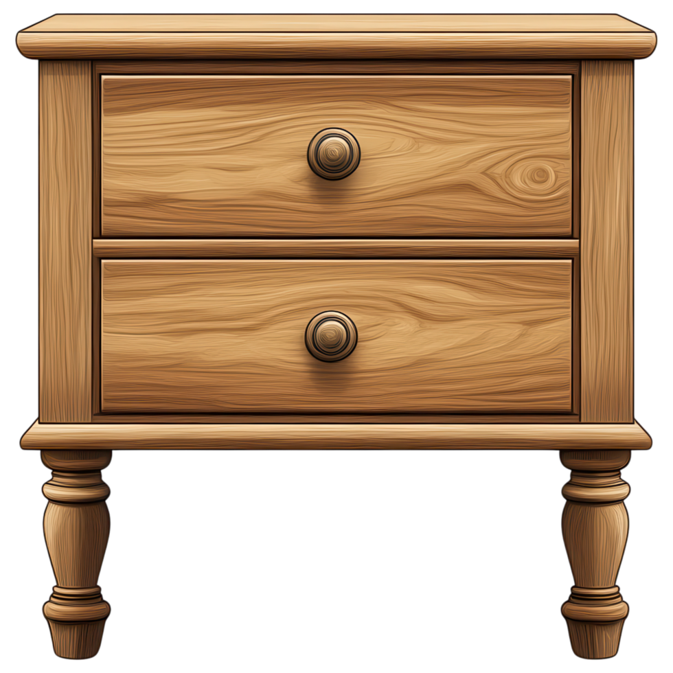 Elegant wooden nightstand with two drawers and decorative legs clip art on a transparency background png