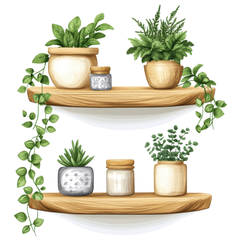 Floating corner shelf with decorative plants and jars, adding fresh touch. clip art on a transparency background png
