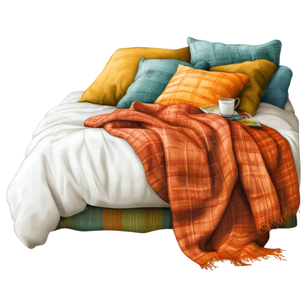 Cozy knitted blanket draped on bed with colorful pillows and cup clip art on a transparency background png