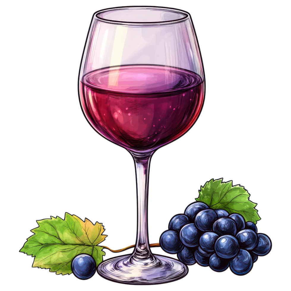 glass of red grape juice with fresh grapes and green leaves png