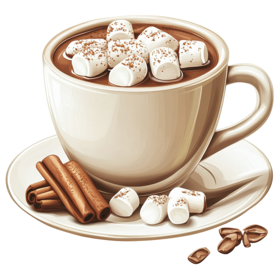 Hot chocolate with marshmallows and cinnamon sticks in cup clip art on a transparency background png