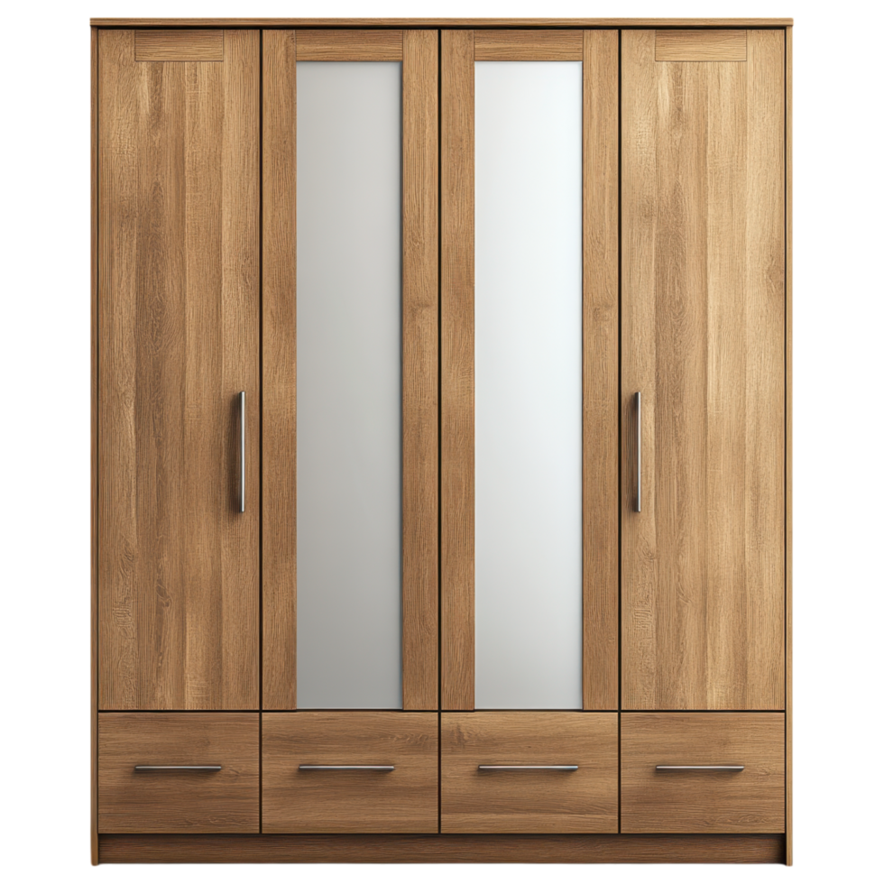 Contemporary wardrobe with mirrored doors, stylish wooden design clip art on a transparency background png