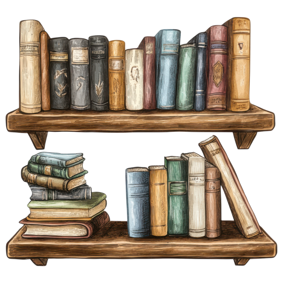Bookshelves filled with colorful books on wooden shelves, creating cozy atmosphere. clip art on a transparency background png