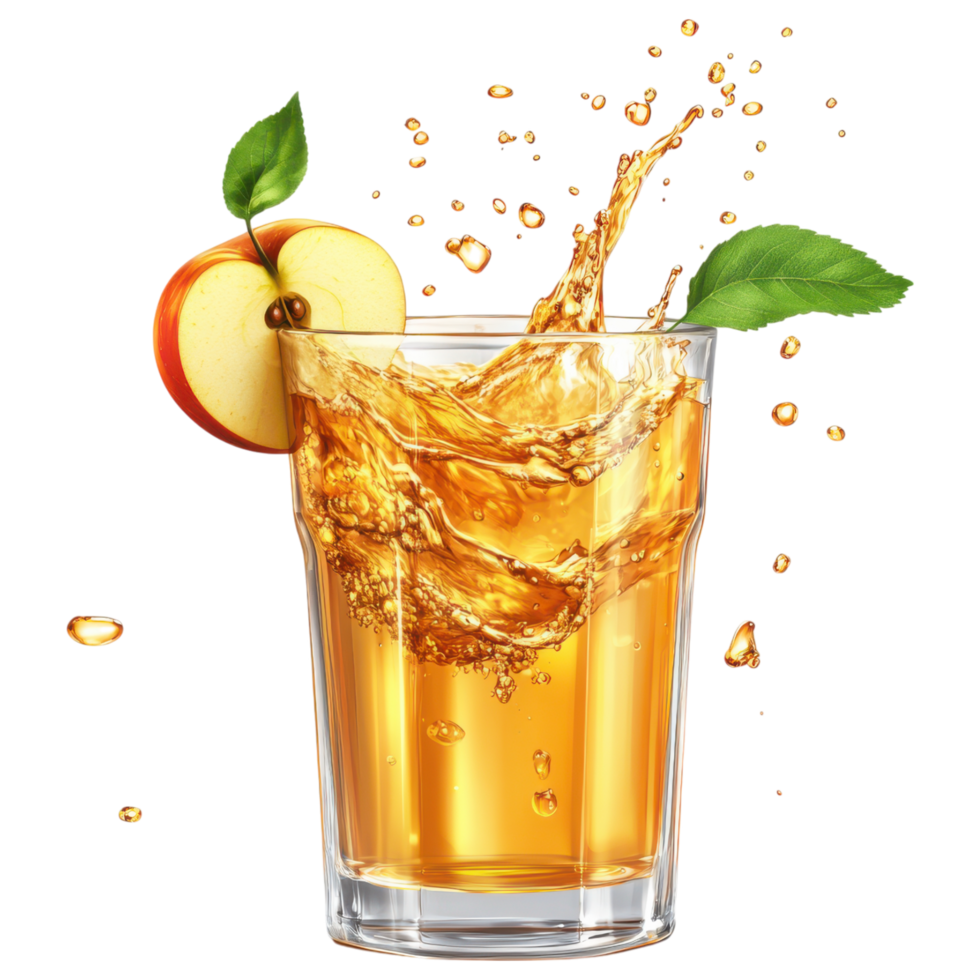 Refreshing apple juice splashes in glass with apple slices and leaves clip art on a transparency background png