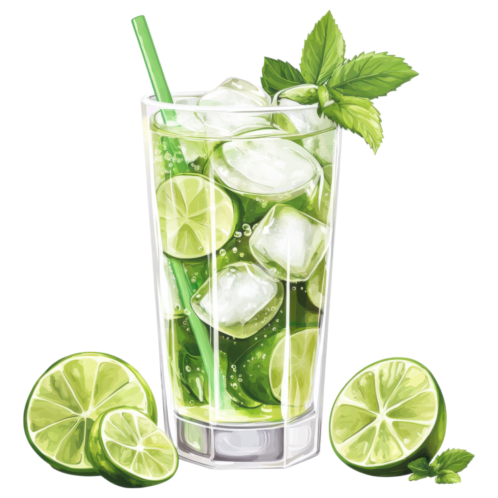 Refreshing lime soda with mint leaves in tall glass clip art on a transparency background png