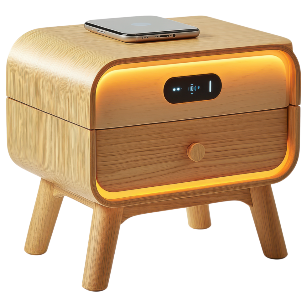 Modern LED lit nightstand with wireless charger and wooden design clip art on a transparency background png