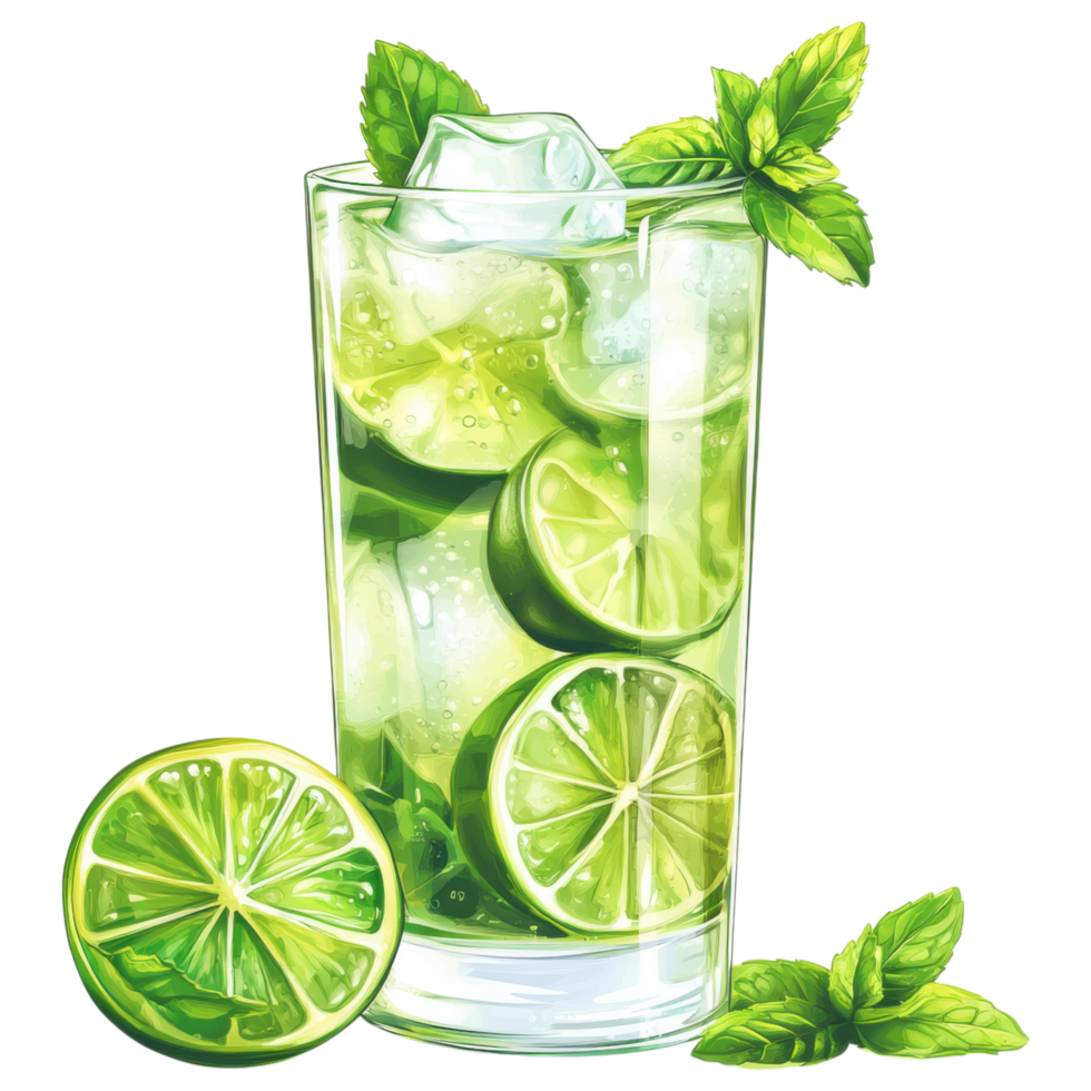 Refreshing lime soda with mint leaves in glass, garnished with lime slices. clip art on a transparency background png