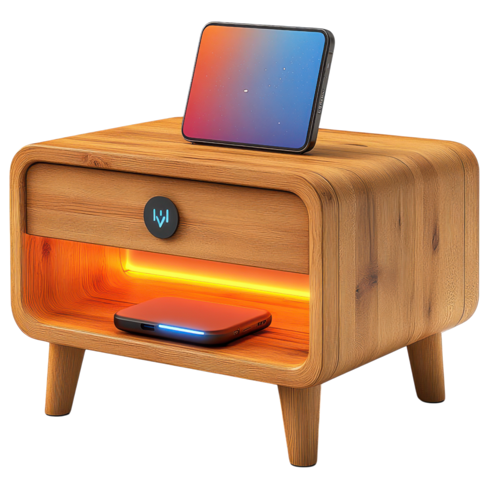 Stylish LED lit nightstand with wireless charger and wooden design clip art on a transparency background png