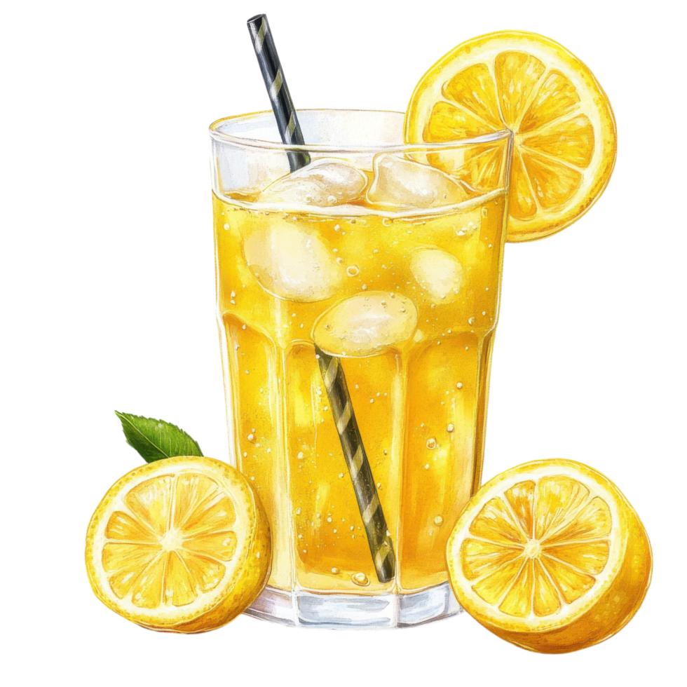Refreshing lemonade with ice and lemon slices clip art on a transparency background png