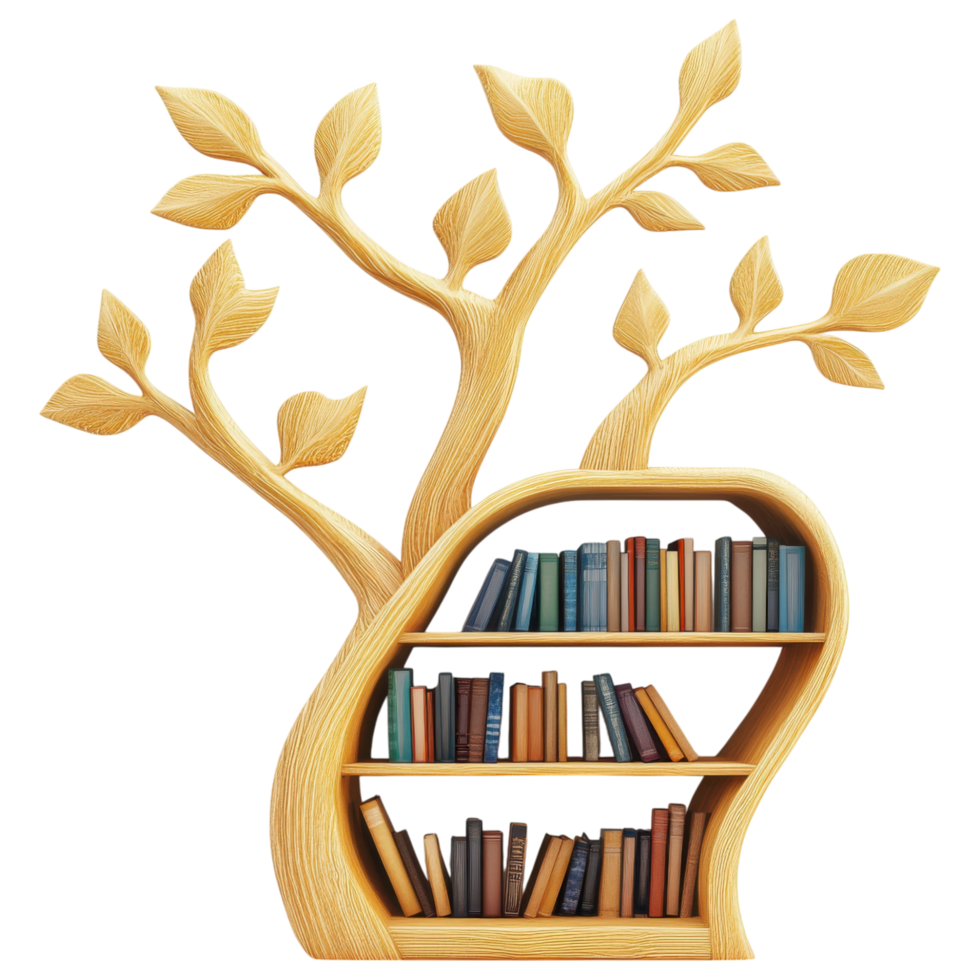 Asymmetric bookshelf design resembling tree with books clip art on a transparency background png