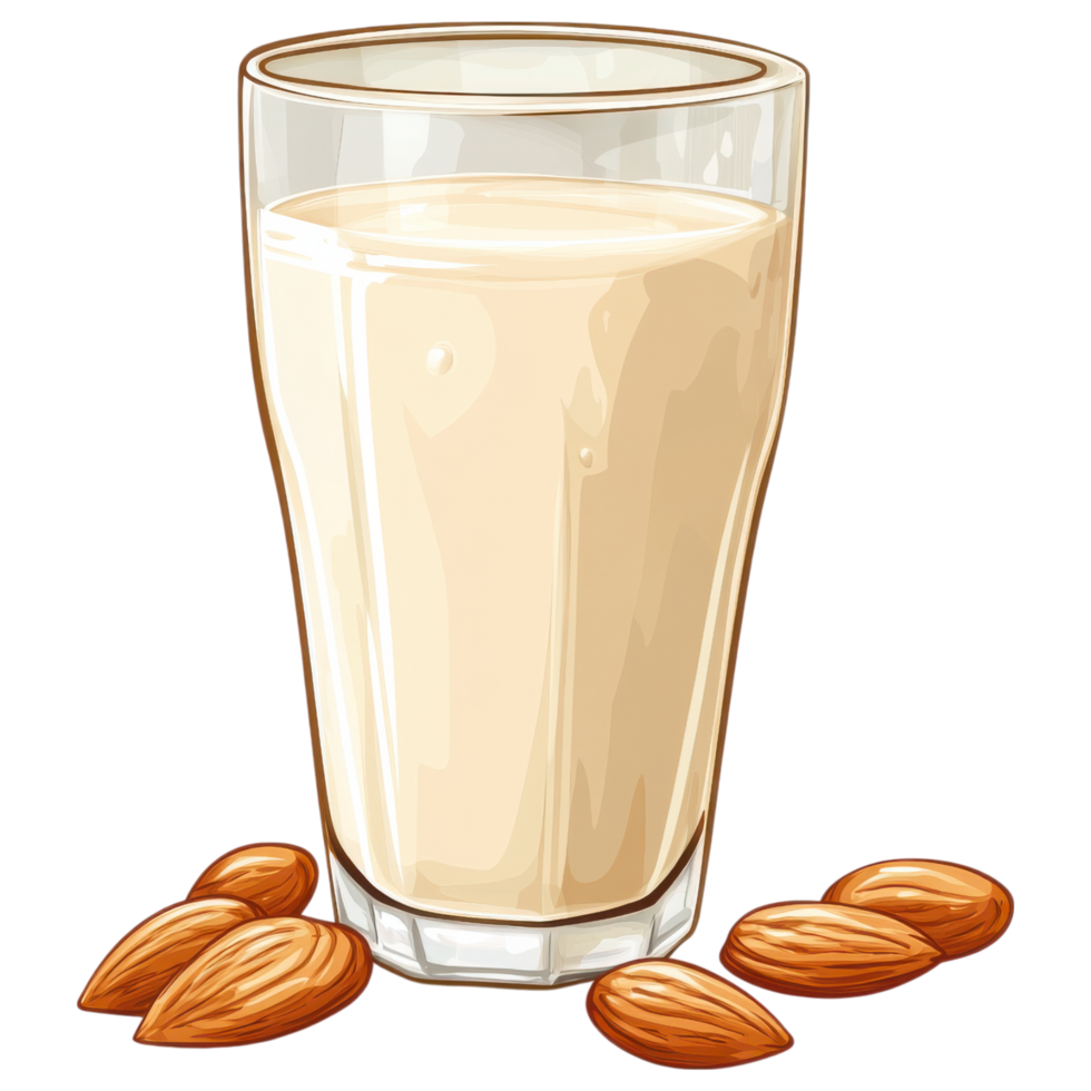 Creamy almond milk in glass with almonds scattered nearby clip art on a transparency background png