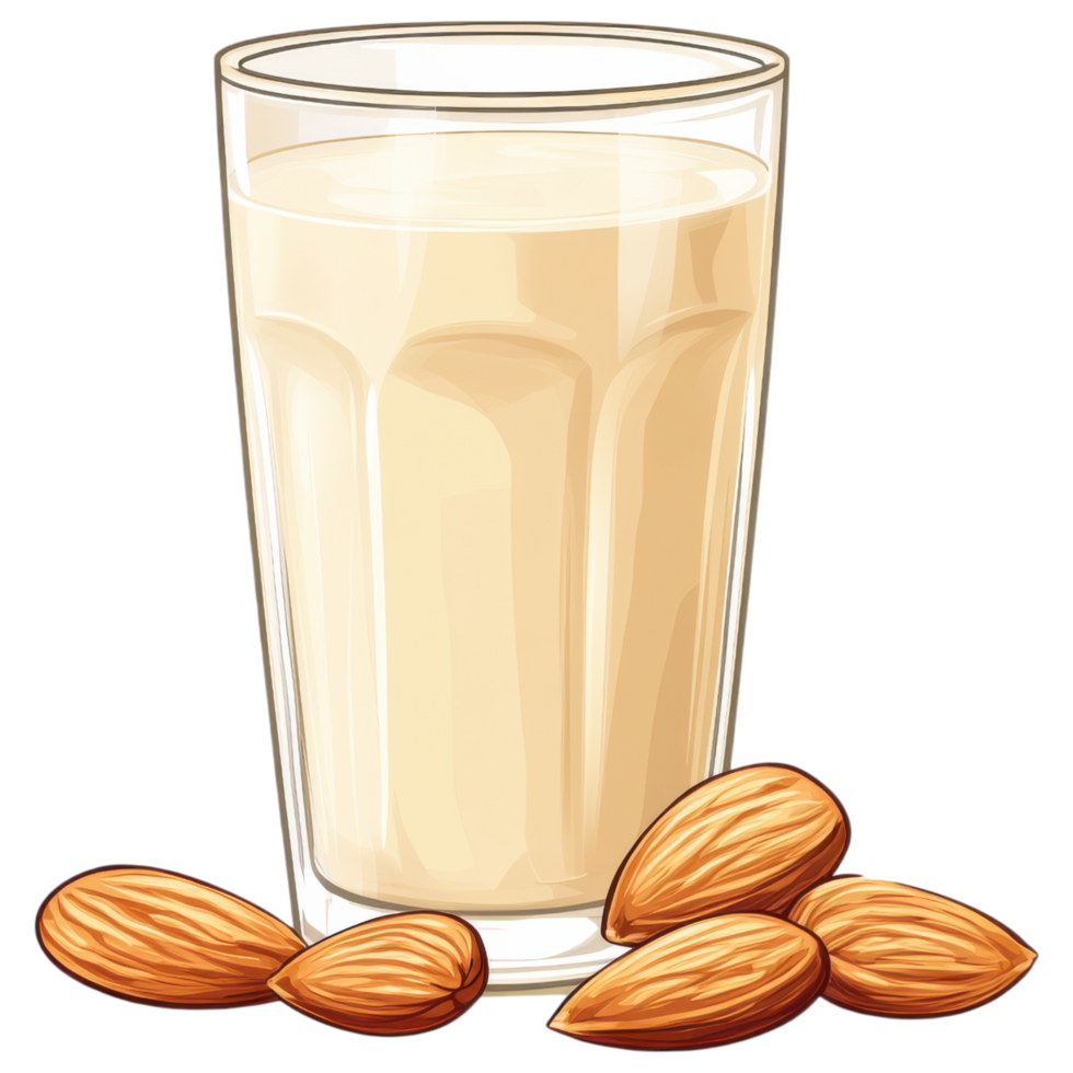 Creamy almond milk in glass with almonds on transparency background clip art on a transparency background png