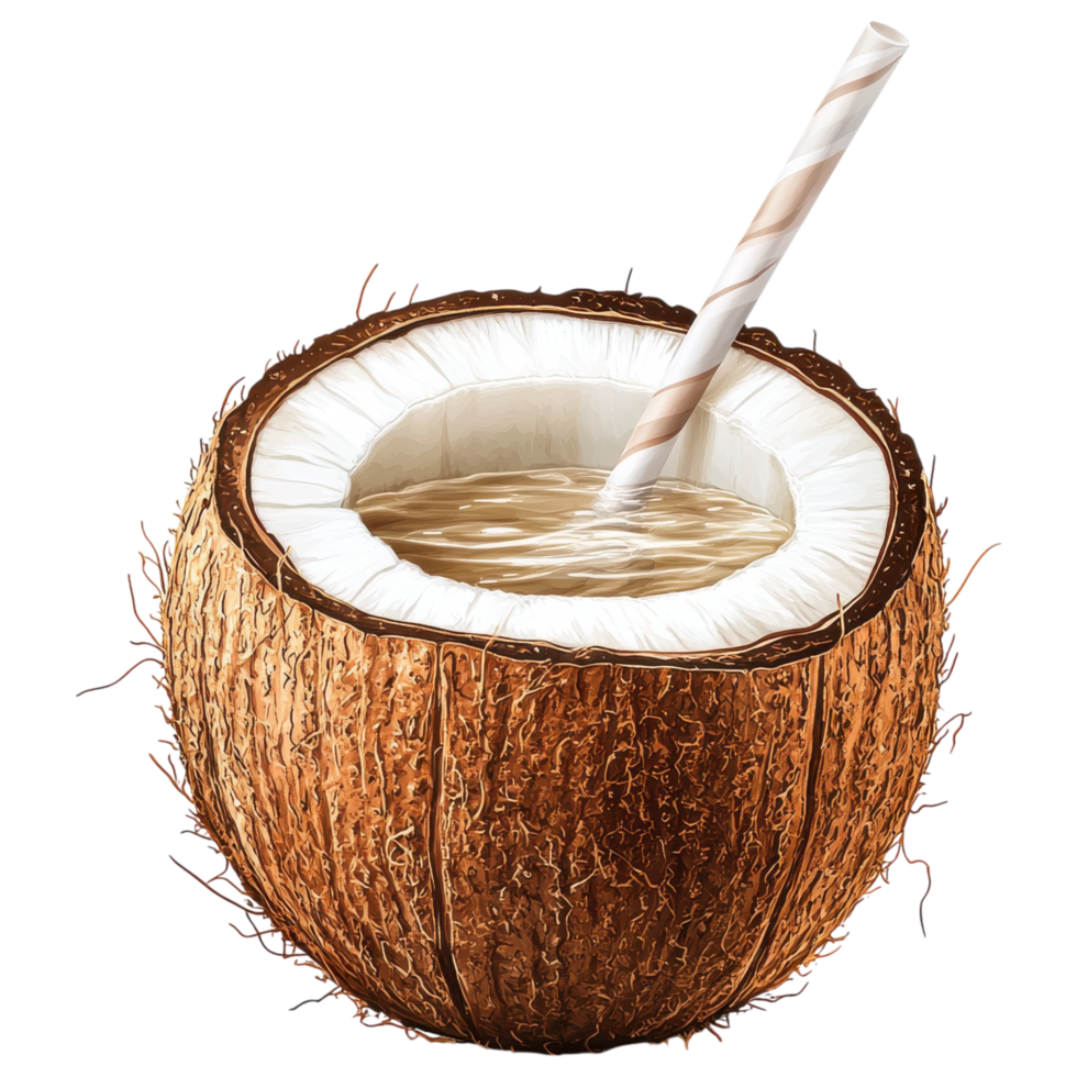 Coconut water in coconut shell with straw, refreshing drink clip art on a transparency background png