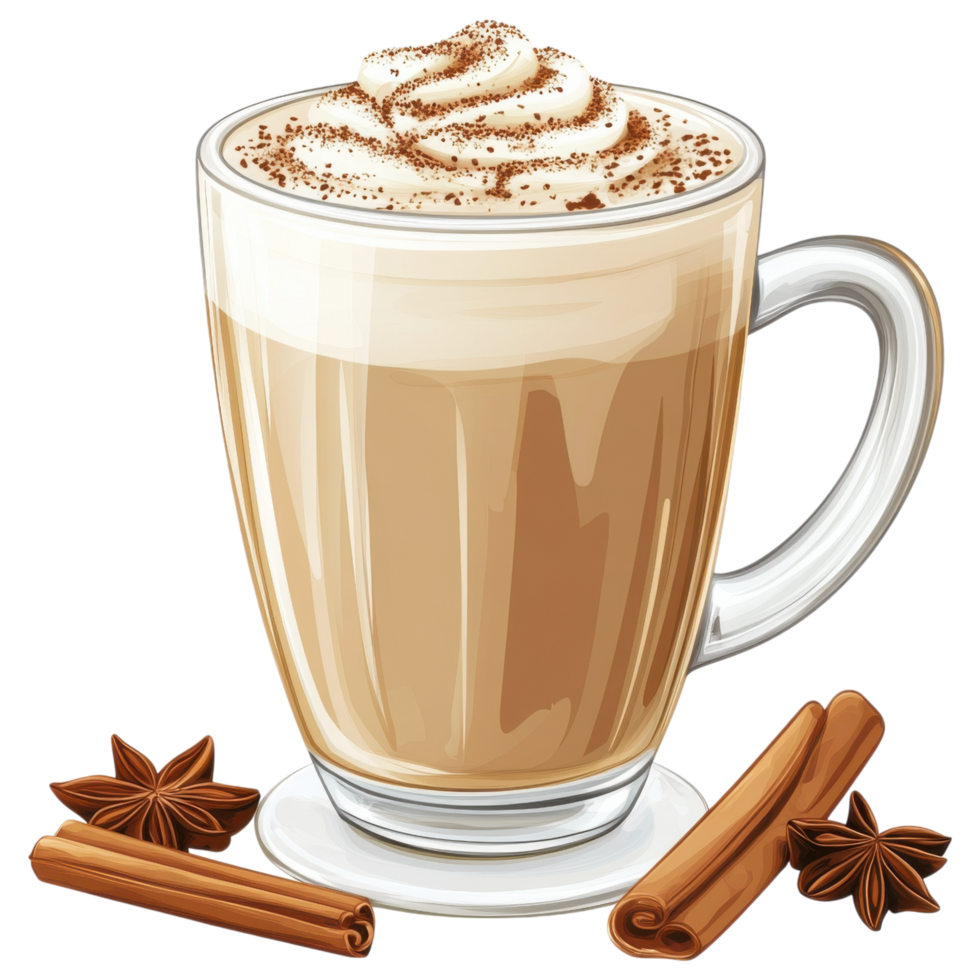 Delicious chai latte topped with whipped cream and cinnamon sticks clip art on a transparency background png