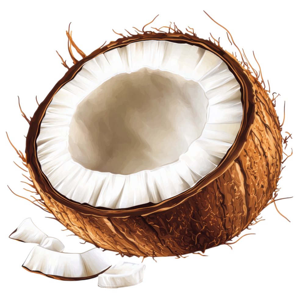 Coconut shell with fresh coconut meat and slices on transparency background clip art on a transparency background png