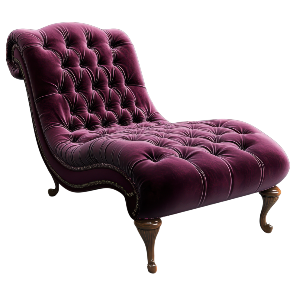 Luxurious velvet chaise lounge with tufted design and wooden legs clip art on a transparency background png