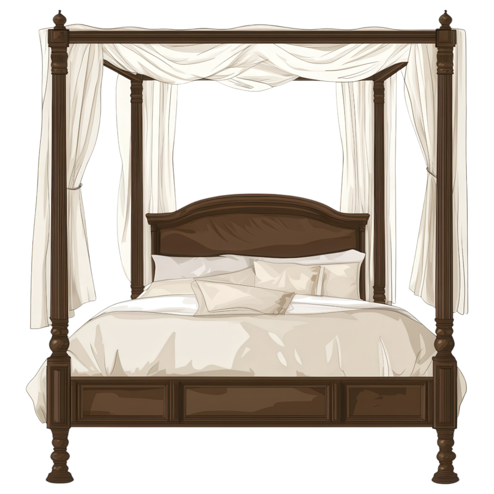 Elegant four poster bed with neutral bedding and soft drapes clip art on a transparency background png