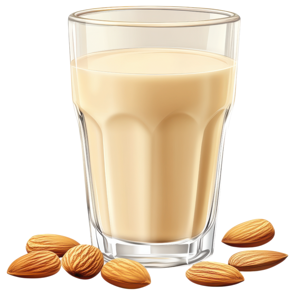 Creamy almond milk in glass with almonds scattered around clip art on a transparency background png