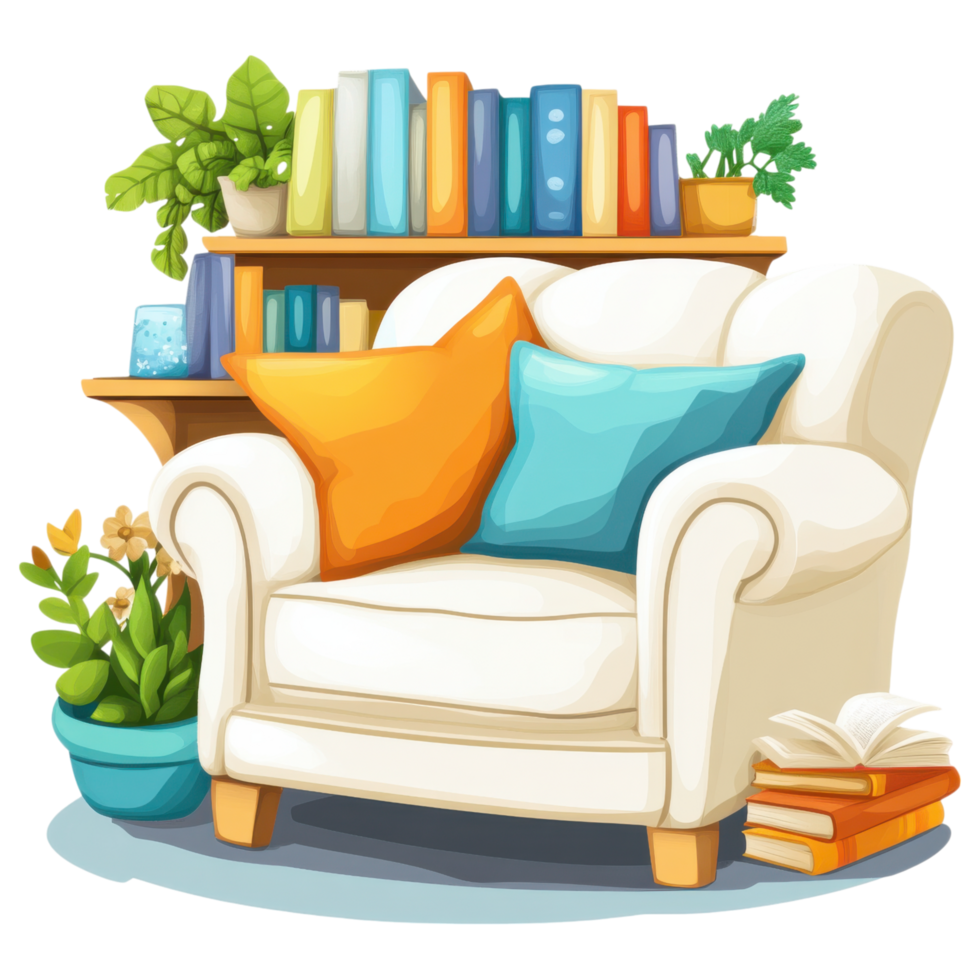 Cozy reading nook with comfortable chair, colorful pillows, and books clip art on a transparency background png