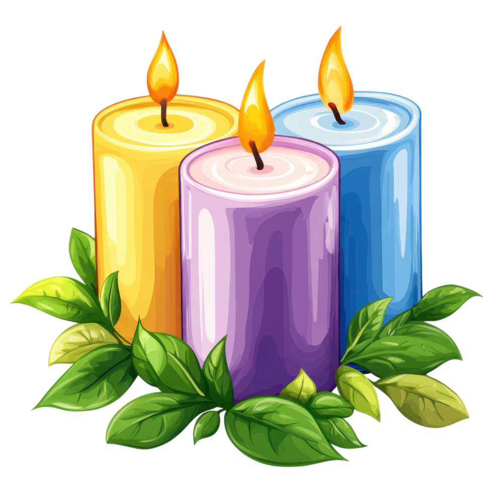 Colorful decorative scented candles with green leaves clip art on a transparency background png